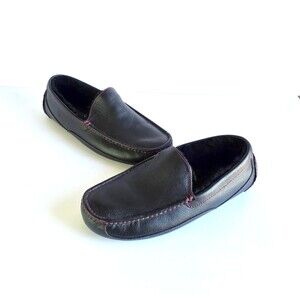 UGG Men's Ascot Slippers Black Leather Wool Fur Lining Sz 11 44 Indoor Outdoor